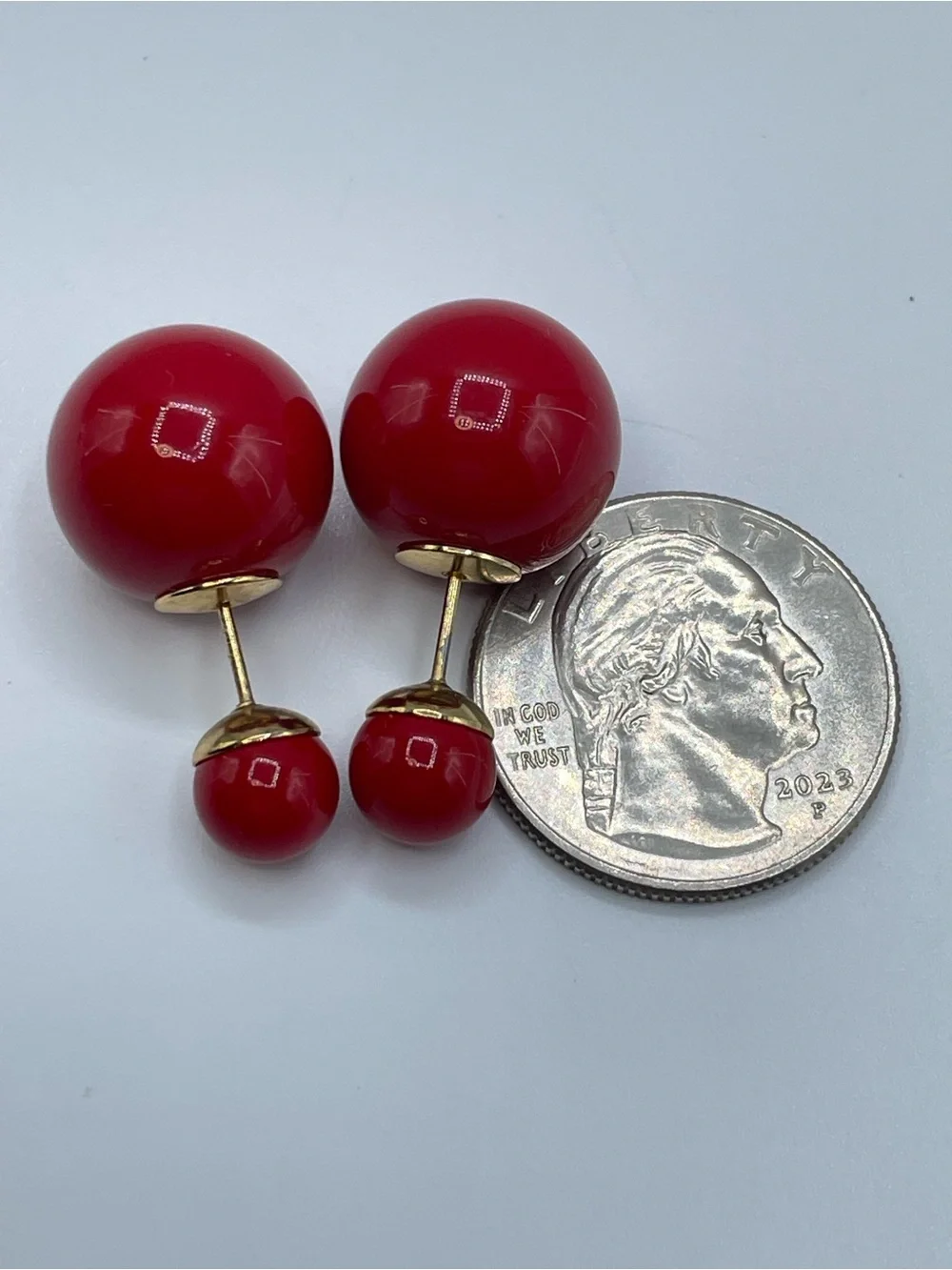 Vintage Red Acrylic Double Ball Stud Earrings Gold Tone Retro